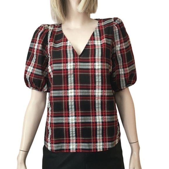 LOFT Blouse Rayon blend Plaid Seersucker Puckered Top Shirt Short Sleeve XS-S - Picture 3 of 15